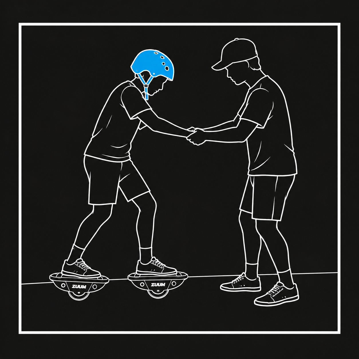 New rider leaning on a friend while stepping onto Zuums