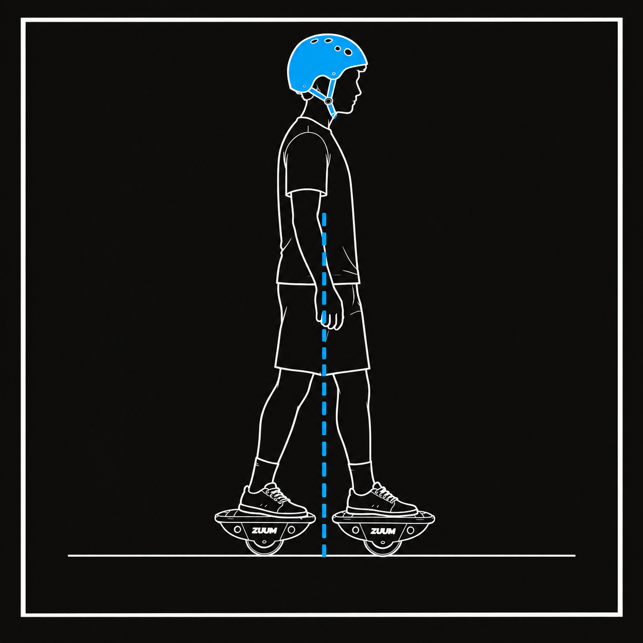 Rider standing upright in a balanced neutral position on Zuums